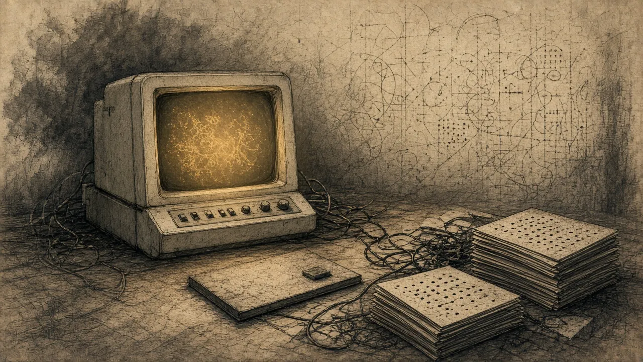 A vintage CRT, a blank keyboard, and a stack of punch cards — early generative models, barely tamed.