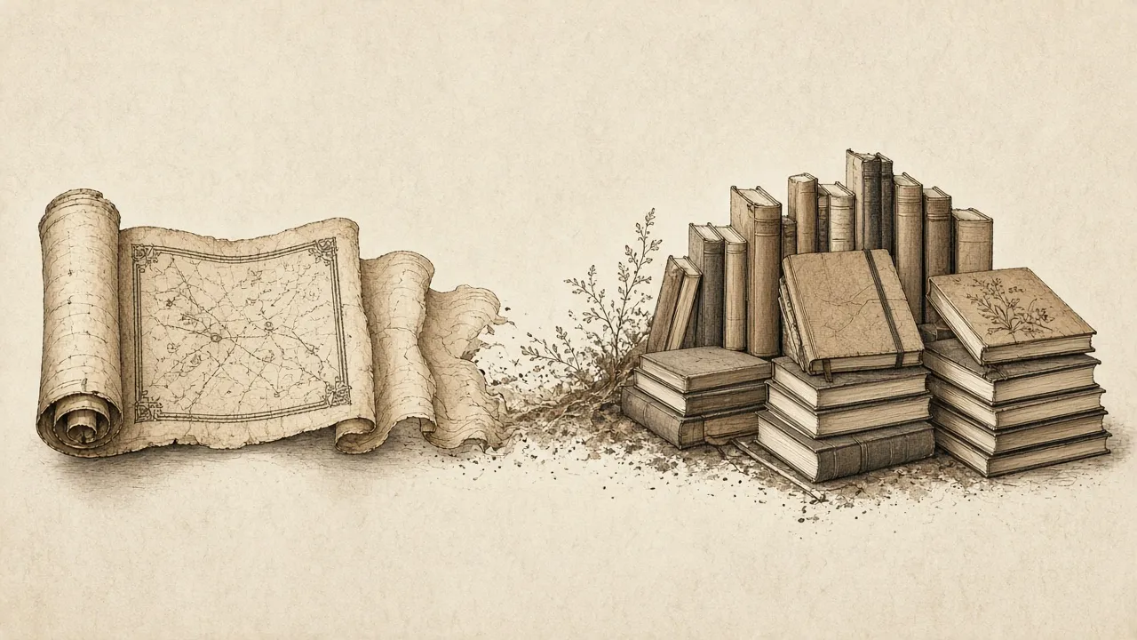 A blank scroll beside a growing stack of notebooks — a domain first, then a library.