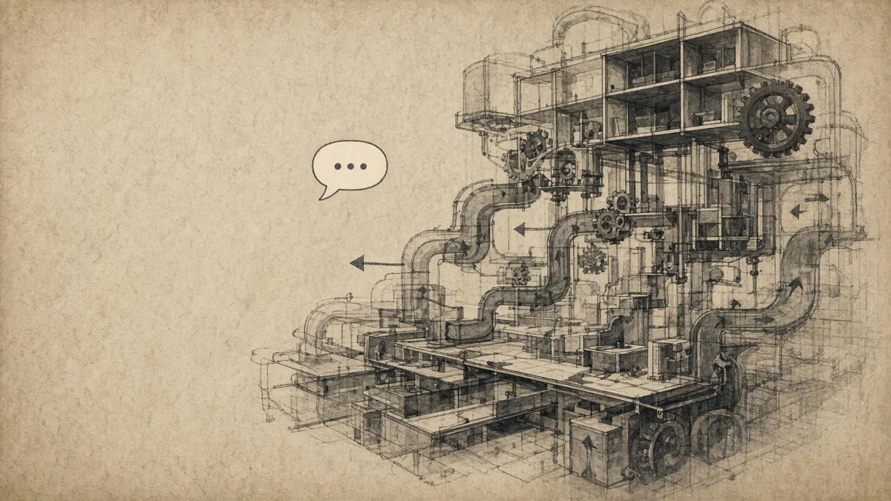 A tiny speech bubble next to a factory of pipes and gears — the prompt is not the system.