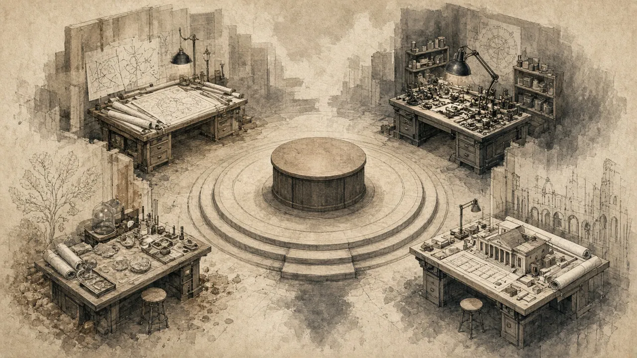 Four specialist workbenches around an empty coordinator’s dais — agents before the name stuck.