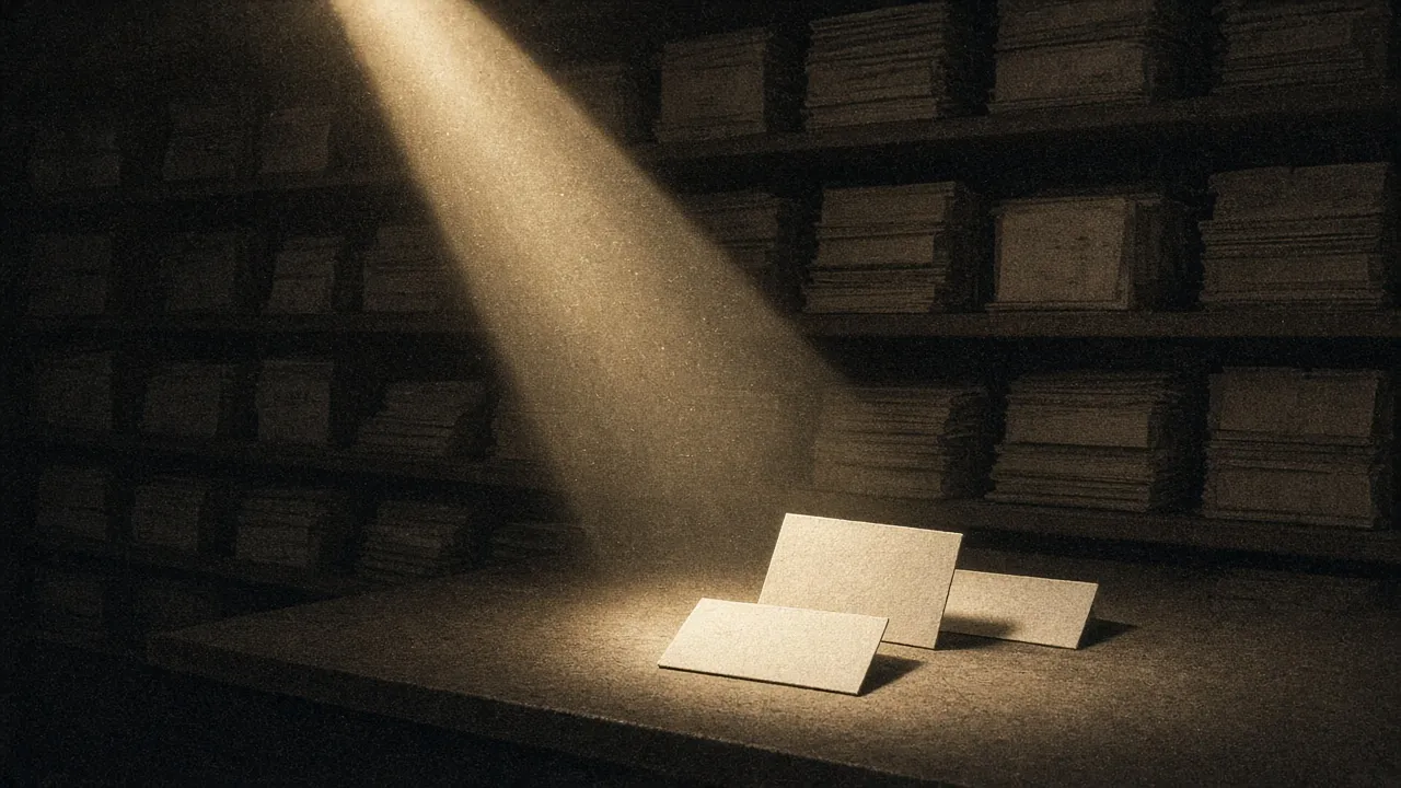 Three index cards in a spotlight, archives left in the dark — only the context you need.