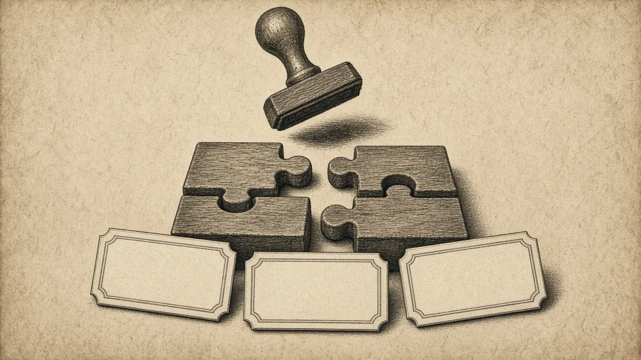 The same two puzzle pieces under a stamp, with three blank nameplates waiting — new labels, old shape.