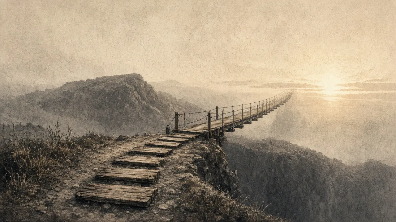 Loose planks becoming a bridge into the fog — someone else walked it further.