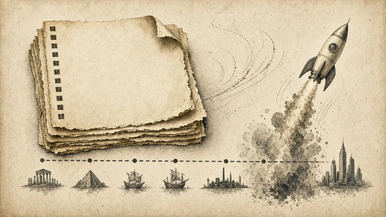 A pad of paper beside a rocket leaving a skyline — two years in AI is a whole era.